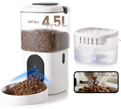 ONYEA Automatic Cat Feeder with Camera, WiFi and Water Fountain, 4.5L/2.5L | 2-in-1 food and water station with app scheduling, night vision, two-way audio and dual-band WiFi.