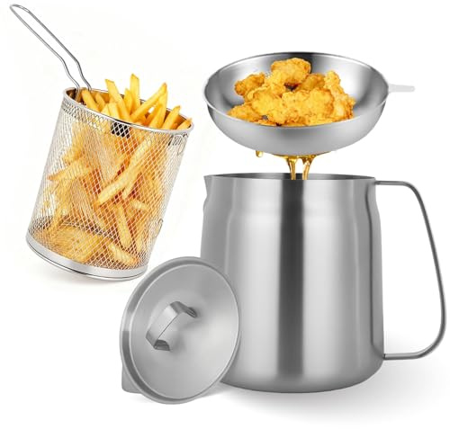 3.5L 304 Stainless Steel Deep Fat Fryer, Chip Pans with Basket and Lid | Chip Fryer, Cooking Oil Filter with Strainer, Large Capacity Oil Fryer for Home Kitchen and Student Flats, Dishwasher Safe