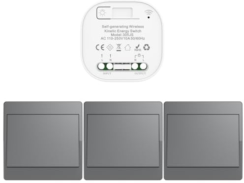 Cerhot Kit de interruptor cinético inalámbrico autoalimentado gris interruptores de luz teledirigidos RF interruptor cinético inalámbrico sin pila interruptores de radio inalámbricos (Gris 1Gang 3V1