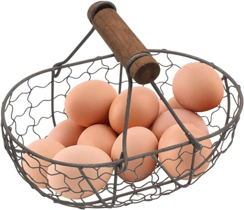 Cesta de almacenamiento de huevos, cesta de hierro para huevos de gallina, cesta de huevos rústica con mango de madera, cesta de almacenamiento de picnic con diseño de granja, recipiente decorativo