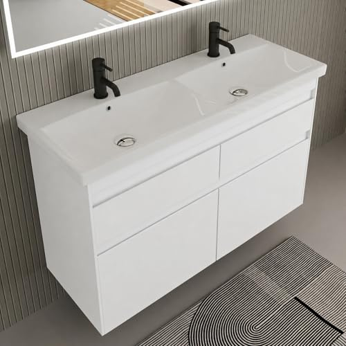 Alpenberger Doppelwaschbecken mit Unterschrank 120 cm, Keramik Doppelwaschtisch, Hängendes Badmöbel, 4 Softclose Schubladen mit Organizer, vormontiert, Weiss Glänzend