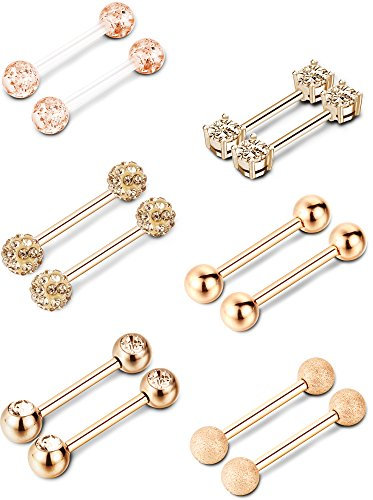 6 Paar Nippel Zunge Ring Edelstahl Barbell Ringe Zirkonia Nipplerings Piercing Schmuck, 14 Gauge (Rosa Gold)