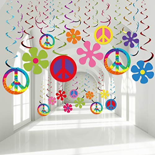 Decoraciones de Remolino de Papel de Aluminio de Fiesta Temática Hippie de Años 60, Remolinos de Flores Retro de Fiesta Groovy Remolinos Colgantes de Signo de Paz Serpentinas de Techo, 30 Unidades