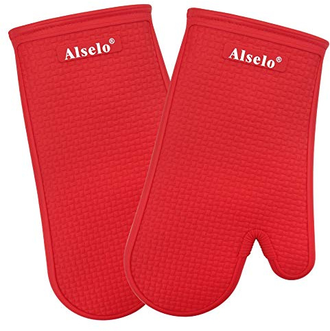 Alselo Oven Mitts Heat Resistant Silicone Kitchen Gloves for 500 Degrees with Waterproof and Non-Silp, Set of 2 Oven Gloves for Backing Cooking Barbecue Microwave Machine Washable (Red, 2)