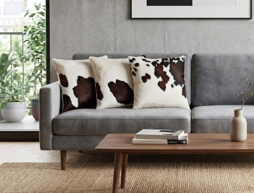 generisch Kuhfell Kissenbezug Creme Weiß & Cognac Braun 50x50 cm – Echtfell Kissenhülle aus echtem Kuhfell beidseitig – Patchwork Lederkissen mit Reißverschluss
