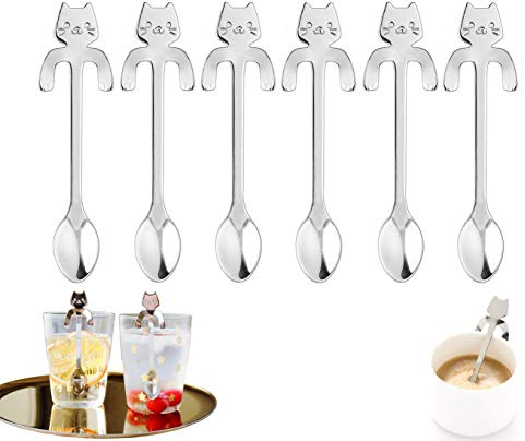 6 Pièces de Cuillère Chat en Acier Inoxydable 304 - Design Suspendu pour Café, Thé, Dessert et Boissons