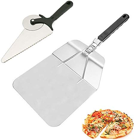Pala per pizza pieghevole + tagliapizza multifunzione a rullo, paletta per pizza in acciaio inossidabile con manico pieghevole per cuocere il pane della pizza