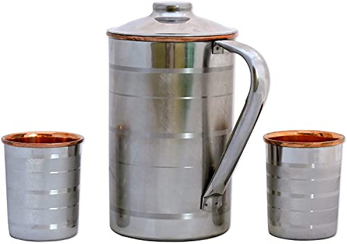 Wasserkrug aus Edelstahl und reinem Kupfer, mit passenden Bechern, Stahl- und Kupferkrug zum Trinken von ayurvedischem Wasser (150 ml)