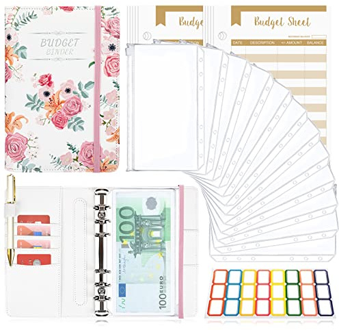 Budget Planner Budget Binder A6, Budgetplaner Geld Organizer mit Weiche Tasche, TAOPE Budget Binder Notizbuch A6 Cash Stuffing, Haushaltsbuch mit Geldfächer, Budget Planner Rosenblüte Rosa Rose - Weiß