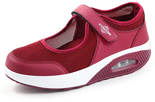STUNAHOME Ortopedisk luftkudde skor för kvinnor casual nät bekväma arbetssjuksköterskor lätta platåMary Jane-sneakers andningsbara promenadlöpning träningsskor, Rödbrun, 41.5 EU