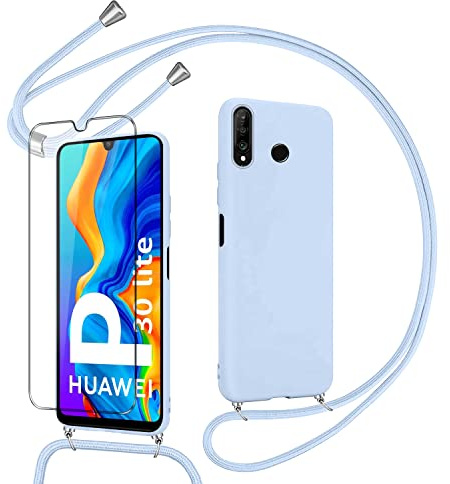 Pnakqil Handykette für Huawei P30 Lite/Nova 4e Hülle mit Displayschutzfolien, Lila Silikon Stoßfester Handyhülle mit Band für Huawei P30 Lite-Lila