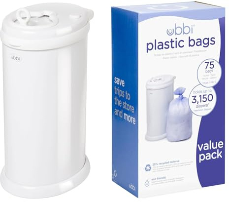 Ubbi Steel Nappy Disposal Bin, White (10000) & Plastic Bags, Nappy Refill Bags 75 - Pack, 3 - Count