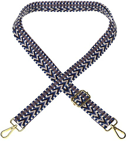 EAZY CASE - Verstellbarer Taschengurt, Ersatz Gurt für Handtaschen, Schulterriemen für Umhängetaschen, dünner Riemen für Taschen und Tragetaschen, DIY Taschenband, Zig Zag - Blau Weiß Metal Gold
