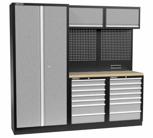 Kraftmeister Connecticut Werkstatteinrichtung - Männerküche mit 14 Schubladen und 3 Schränken - Werkzeugschrank, Garage - modulares Werkbank mit Holzarbeitsplatte (Multiplex) und Werkzeugwand - Grau