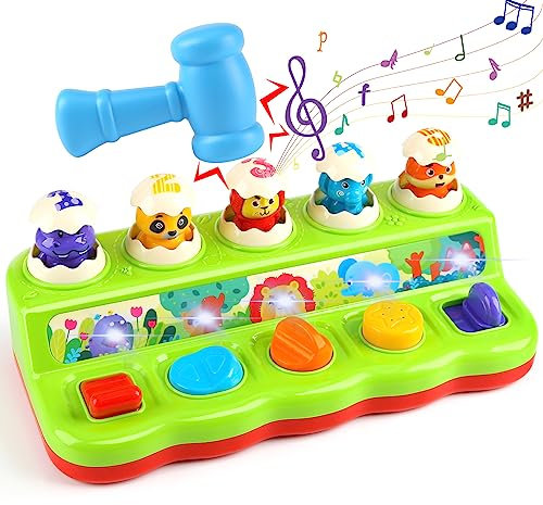DINORUN Montessori Spielzeug ab 1 Jahr, Motorikspielzeug mit Musik und Licht, Pop Up Spielzeug ab 12 18 Monate, Lernspiele Geschenke für Mädchen Junge Kinderspielzeug