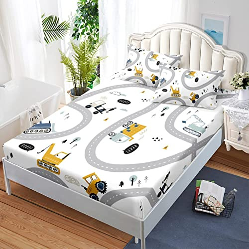 3D Cartoon-Auto Spannbettlaken 90x200 cm, Mikrofaser Bettlaken für Kinder Erwachsene, Boxspringbett Spannbetttuch bis 30 cm Matratzenhöhe, Bettlaken 90 x 200 Mit 1 x Kissenbezügen 80x80 cm