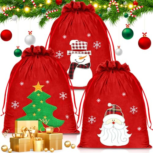 MULEVIP Weihnachtsmann Sack 3 Stück Weihnachtssack Geschenksack Weihnachten,Rot Nikolaussack Geschenktüten,Nikolaus Sack,Weihnachtsmann Geschenkesack für Weihnachtsdekoration- drei Muster (50 * 40cm)