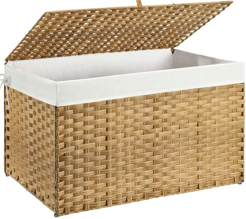 GREENSTELL Storage Basket with Lid, 42.3 Gallon(160L) Lagre Wicker Blanket Storage Basket with Handles, Foldable, 2 Removable Liner Bags, Metal Frame, for Bedroom, Laundry Room, Brown,30*18.1*18.1