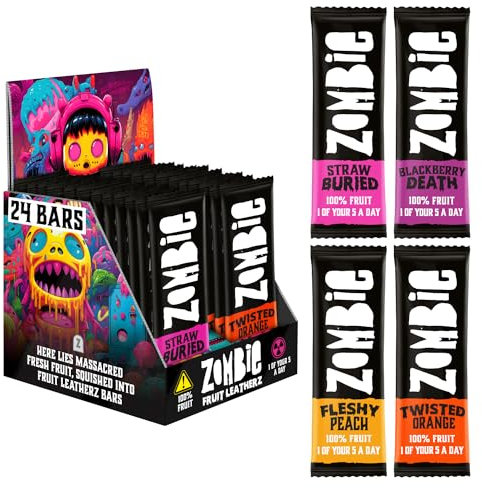 Zombie Fruit Bars, Variety Box (24 Bars, 4 Flavours), 100% Dried Fruit, Healthy Snacks for Adults, Kids, Low Calorie, Gluten Free, Vegan, Halal, Bulk, Real Fruit, No Added Sugar, Natural, Roll Ups