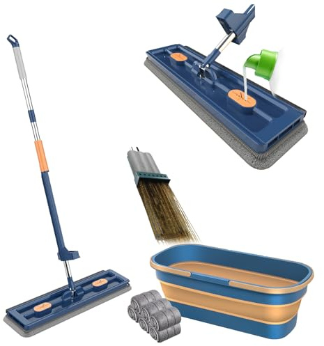 HiGropcore Juego de fregona plana grande y plegable para fregona autoescurridora, mopa mágica de 360 grados con escobilla de goma + cubo plegable grande de 12 galones + 6 almohadillas de microfibra
