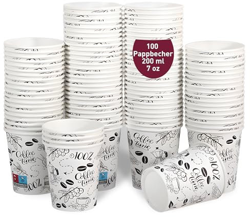 100 Gobelets Jetables de 200 ml / 7 oz en Carton Blanc, Parfaits pour Café et Autres Boissons, verres jetables