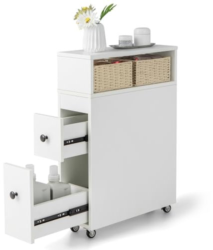 GYMAX Mobiletto da Bagno, Porta Carta Igienica Autoportante con 2 Cassetti Estraibili, 2 Cesti di Vimini e Portaspazzolino, Mobile Stretto Laterale Rotante per Toilette (Bianco)