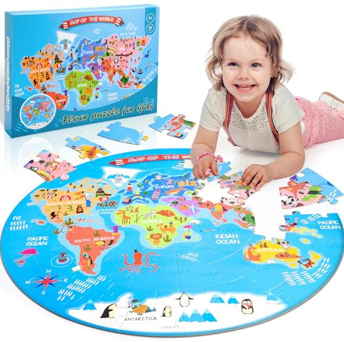 Funblitz Kinder Puzzle Weltkarte, Jigsaw Puzzle Spielzeug für Mädchen und Jungen ab 3-8 Jahre - Geschenk für Kinder