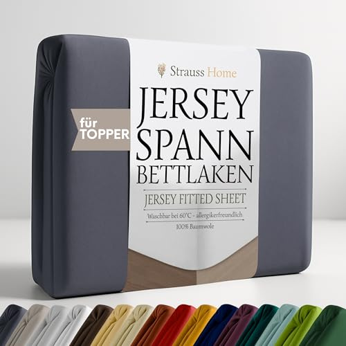 Strauss Home Premium Spannbettlaken Jersey 140x200-160x200 cm Topper - 160 g/m² 100% gekämmte Baumwolle, 10 cm Steg, Oeko-TEX - für Matratzentopper bis 10 cm - Anthrazit