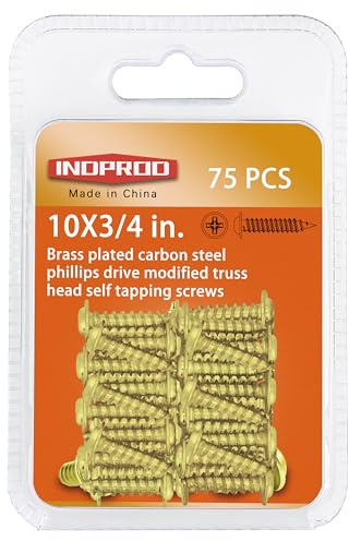 INDOROD #10 x 3/4 Truss Head Phillips Wood Screw (75 Pack), Brass Plated Screws, Self Tapping Wood Screws, Modified Truss Head, Brass Screws for Wood, 10 x 3/4 Inch, Gold