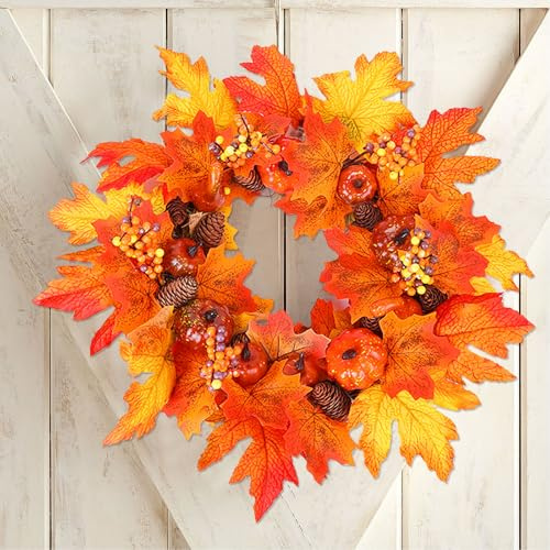 iwiio Autumn Wreath, Pumpkin Maple Leaf Decorations, Fall Wreath for Thanksgiving, Halloween, Harvest Festival, Orange, Pine, One Size, Round, Door Mount