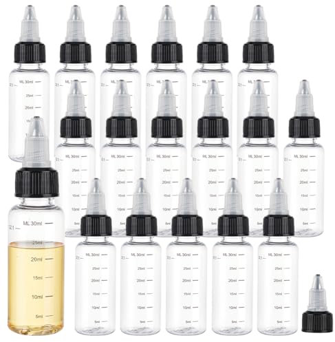 BENECREAT 18Pcs 30ml Transparent Kunststoff Squeeze Flaschen mit abgestuften Squeeze Flaschen mit schwarzem Twist Top Cap Clear Plastic Dispensing Bottle für Tinte Flüssigkeit, Öle, Gele, Kleber