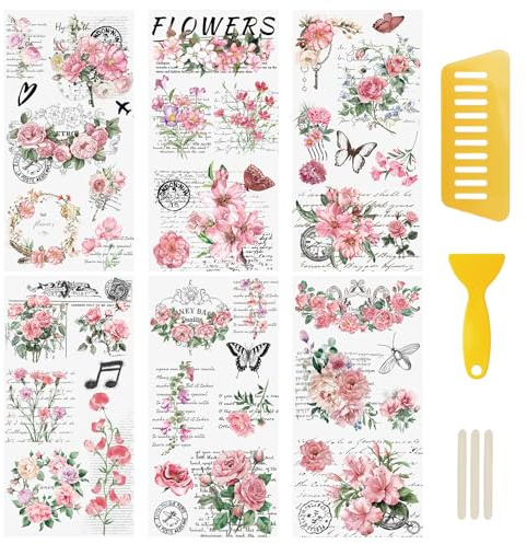 WANDIC 6Pcs Pink Rub on Transfer Flower Stickers, Furniture Decors for Window Refrigerator Wardrobe Cupboard DIY Journal Supplies Laptop Envelopes