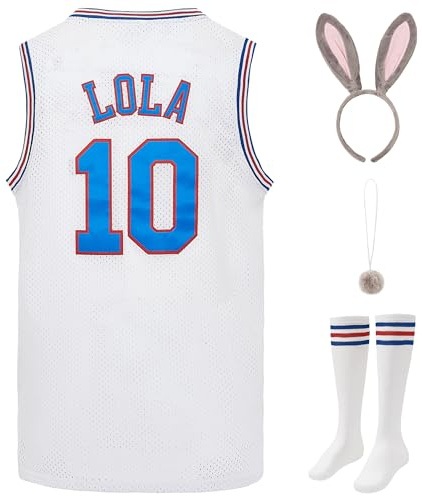 Mens Basketball Jersey #1 Bugs #10 Lola Space Movie Jersey Sets Hip Hop Sports Shirt for Halloween Party, #10 White Sets, S