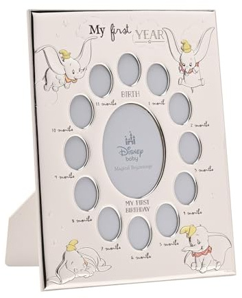 Disney - Dumbo - Marco de fotos rectangular con 12 aperturas bañado en plata auténtica My First Year - Fabricado en Italia - Producto oficial de Disney - Parte trasera de madera autónoma - Primeros