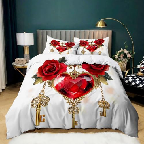 Rose Copripiumino Matrimoniale 240x220 pietra preziosa rossa a forma di cuore 3D Stampa Morbida Microfibra Biancheria da Letto con Cerniera per Bambini/Adulti 1 Copripiumino + 2 Federe 50x80 cm