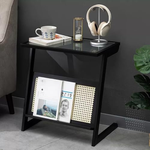 Beistelltisch aus Rattan, Bambus, Z-Form, für kleine Räume, schwarzes Finish