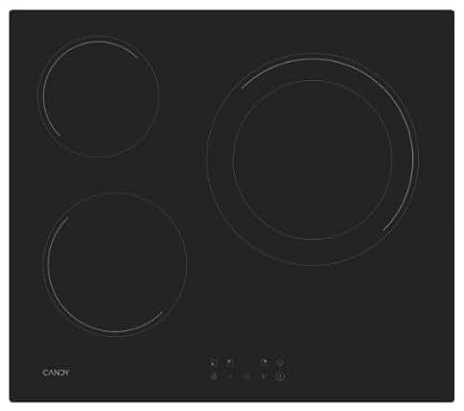 Candy CH63DCC Placa vitrocerámica 60 cm, 3 zonas de cocción, doble zona paellera de 30 cm, control táctil, 9 niveles de potencia, sistema de seguridad, color negro