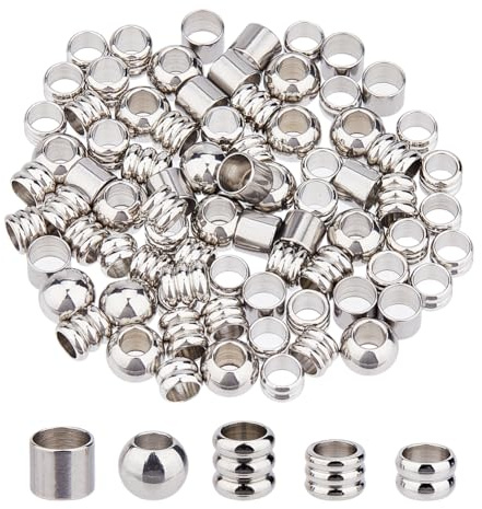 DICOSMETIC 80 Stück 5 Stile Edelstahl Paracord Perlen Große Loch Europäischeperlen Edelstahl Säulenperlen Metall Perlen Für Zöpfe Metall Röhren Rundeperlen Für Schmuckherstellung, Bohrung:5mm