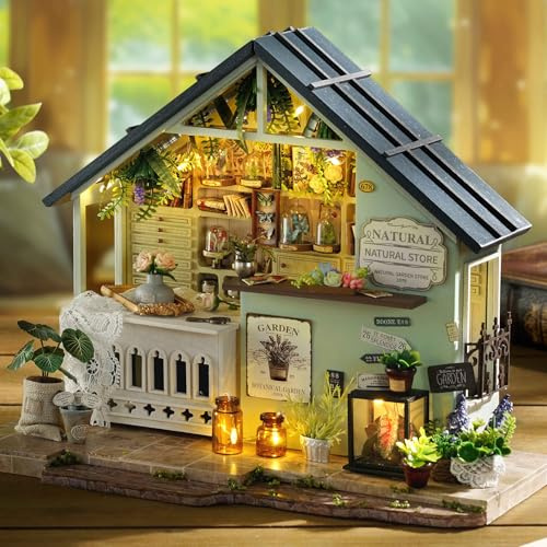 CUTEROOM Maison de poupée miniature en bois DIY - Kit de construction de maison miniature créatif pour adultes, parfait comme décoration de la maison (Studio de Plantes Vertes)