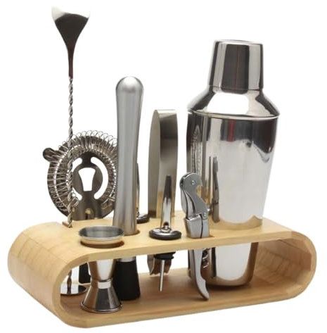 SEEHA Juego de coctelera de Acero Inoxidable, Herramienta mezcladora for camareros, coctelera Japonesa, Kit de coctelera for té y limón, Juego de 10 Piezas con Estante de Almacenamiento de Madera