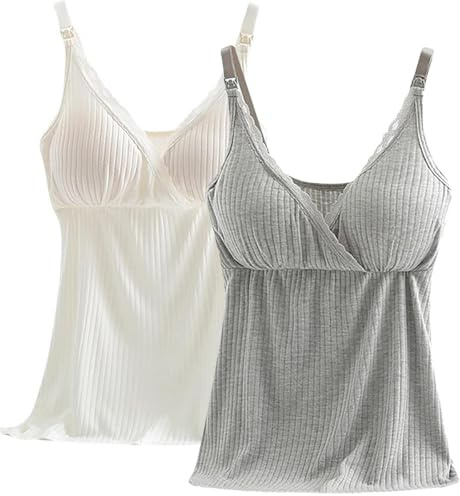 AOOPOO Confezione da 2 Canotta da Allattamento per Donna, Canottiera Pigiama Scollo a V in Pizzo con Cuscinetti Rimovibili per Dormire Allattamento Reggiseno Top Gravidanza Pigiama Canotte, M-3XL