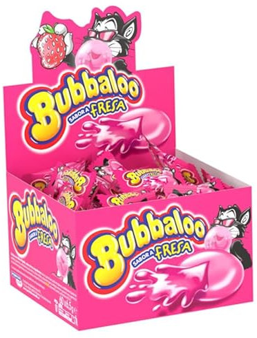 Chicles Bubbaloo con Relleno Líquido – Caja de 60 Unidades | Sabores Tutti Frutti, Fresa y Sandía | Chicles Hinchables con Centro Líquido (Paquete 60 unidades, Fresa)