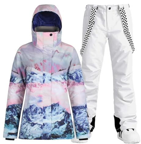 GSOU SNOW Chaqueta y Pantalones de Esquí para Mujer, Traje de Esquí de 2 Piezas, con Capucha Impermeable Cortaviento Transpirable Cálido Aislante