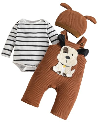 LUVCES Babykläder för pojkar, långärmad randig sparkdräkt + söt hängslen-overall med tecknade djur + mössa för pojkar, 3 st, höstoutfit 0–18 månader, 3-6 månader