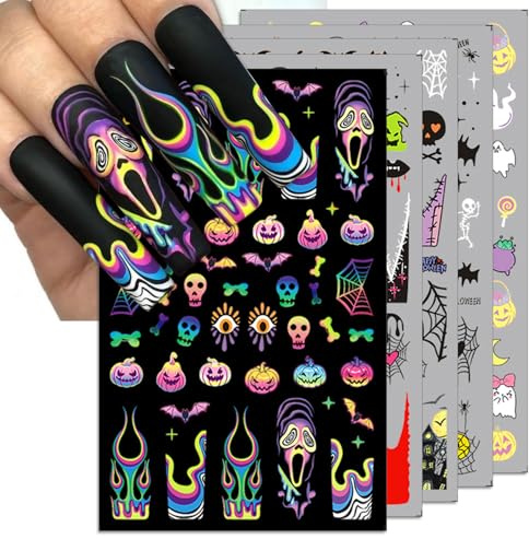 Lilbitty 5 Stück Halloween Nagelaufkleber, Gruselige Gesichter, Kürbisse, Geister & Spinnennetze, Nail Art Sticker für Halloween, Für DIY Nägel, Nagel Dekoration