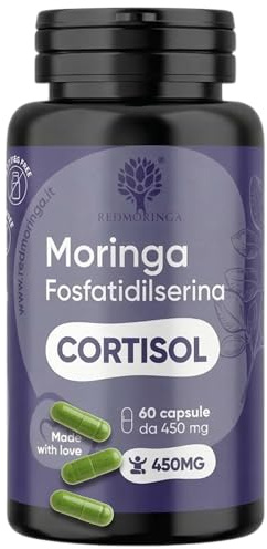 Fosfatidilserina 450 mg + Moringa | Reducción de Cortisol, Estrés y Fatiga | Memoria, Concentración y Metabolismo | Complemento Natural | 60 Cápsulas | Fabricado en Italia | RedMoringa
