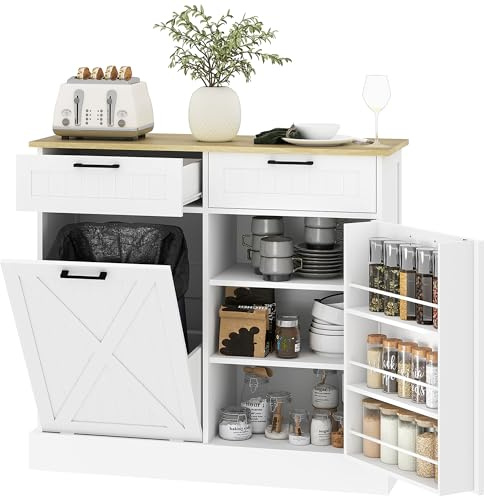 HOMCOM Buffet Cuisine avec Meuble Poubelle 38L, îlot de Cuisine, Meuble Cuisine Rangement avec 2 tiroirs, étagère à épices et Plan de Travail, pour Salle à Manger, Salon, 100 x 36 x 90 cm, Blanc