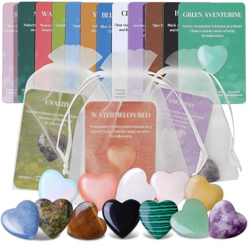 12 x Glückssteine Herzstein Set mit Bedeutung & Karte im Organzasäckchen | Heilsteine Set, Glücksbringer Herz, Mutsteine Set, Glücksbringer Steine, Mutstein Schutzstein Glücksbringer Geschenk