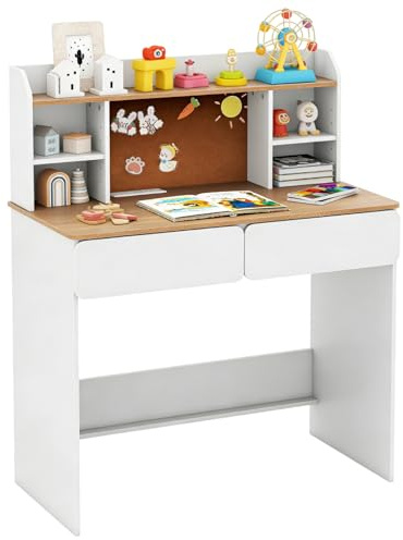 Maxmass Wooden Kids Desk, Children Study Table with Cork Bulletin Board, Charging Station, 2 Drawers, Adjustable Shelves, Children Writing Desk Student Workstation for Reading Learning (White+Natural)