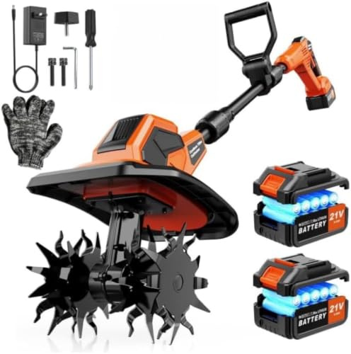 Gartenfräse Akku, Elektro-Bodenhacke 21V mit 2 x 3.0Ah Akkus, 400 U/min, 600W Bürstenloser Motorhacke, 23 cm Arbeitsbreite, 17 cm Arbeitstiefe, Verstellbarer Griff, für Bodenbearbeitung Gartenarbeit